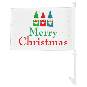 Three Christmas Gnomes on White Car Flag