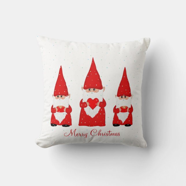 Three Christmas Gnomes on White Throw Pillow (Front)
