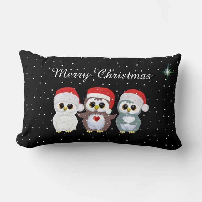 Three Christmas Owls on Black Lumbar Pillow (Front)