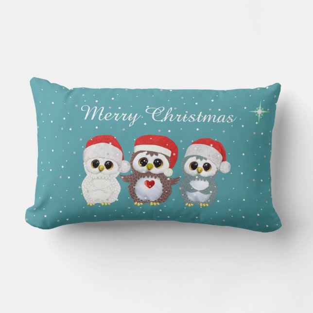 Three Christmas Owls on Sapphire Blue Lumbar Pillow (Front)