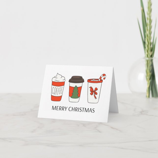 Three Christmas Paper Coffee Cups, Hot Drinks Letterpress Thank You Card (Front)