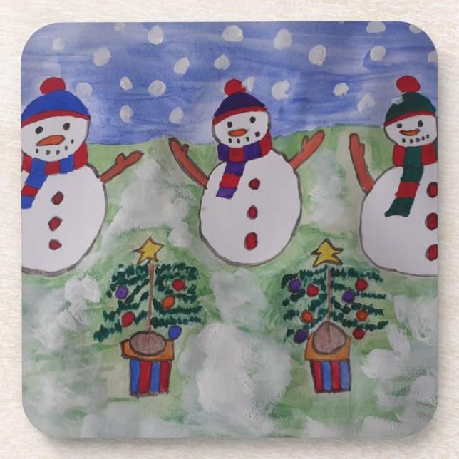 Three Christmas Snowmen Beverage Coaster (Front)