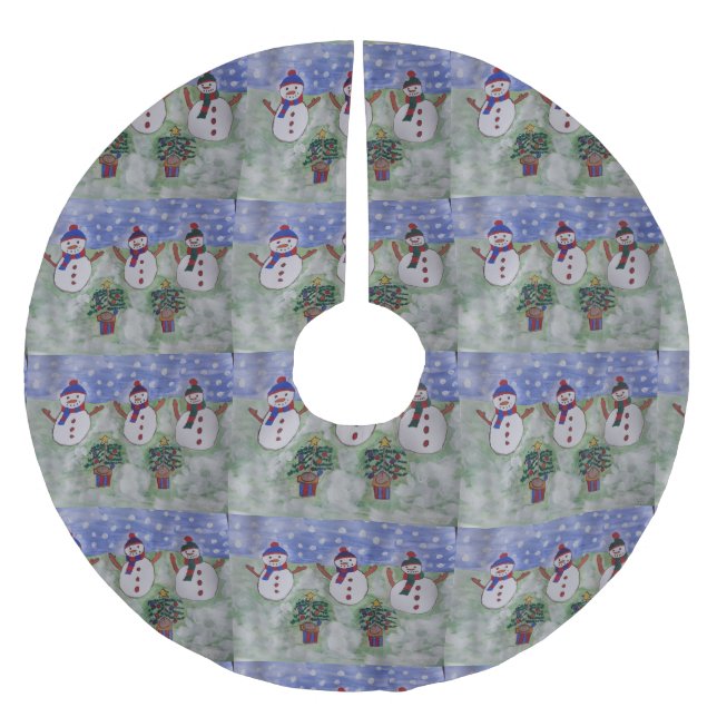 Three Christmas Snowmen Brushed Polyester Tree Skirt (Front)