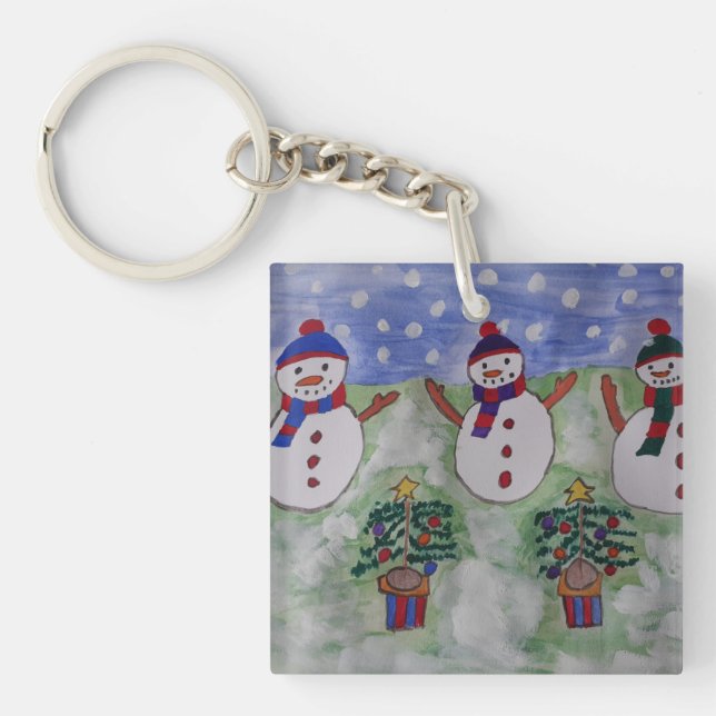 Three Christmas Snowmen Keychain (Front)