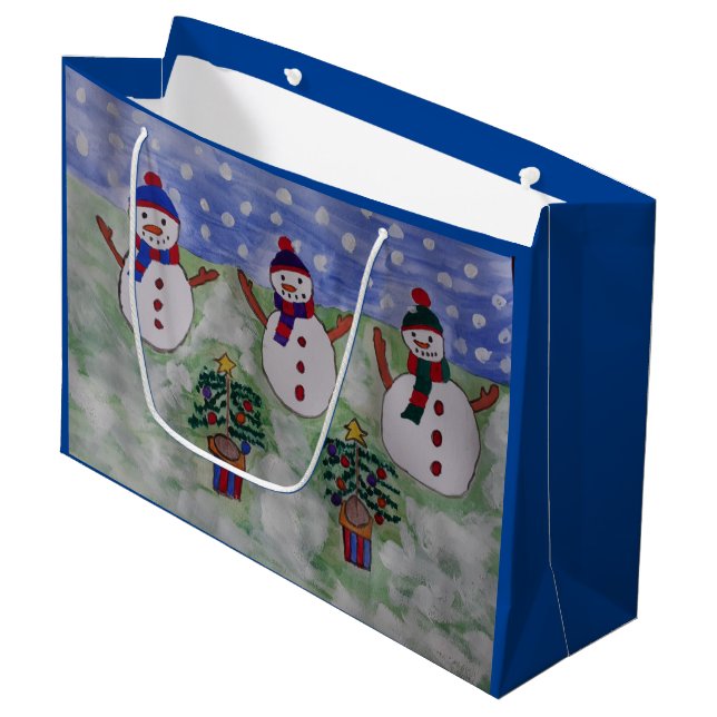 Three Christmas Snowmen Large Gift Bag (Front Angled)