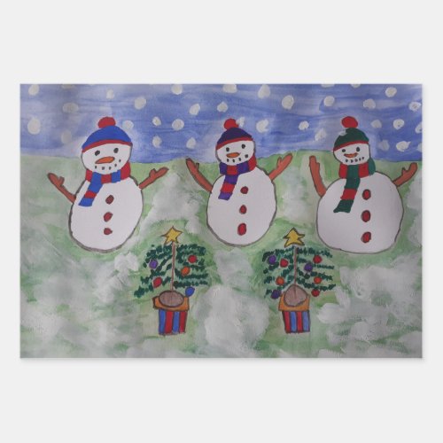 Three Christmas Snowmen Wrapping Paper Sheets