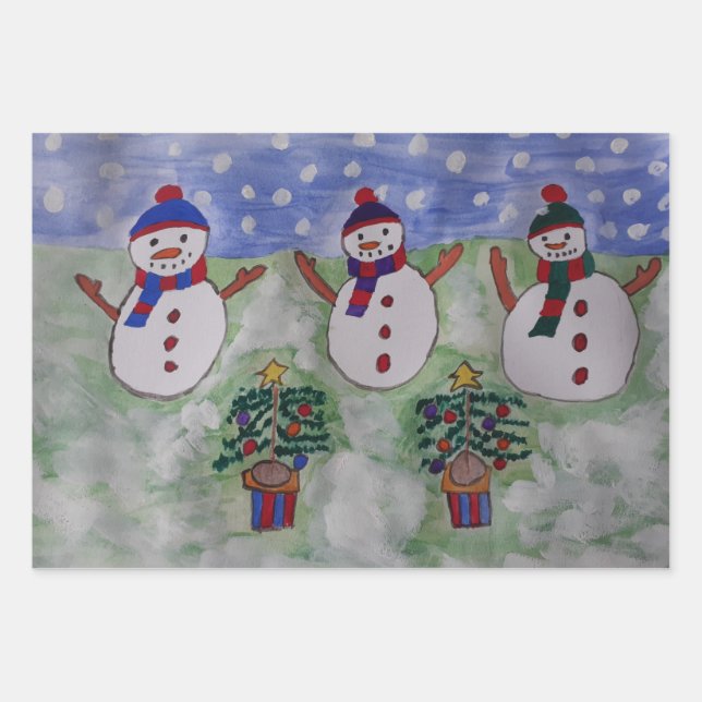 Three Christmas Snowmen Wrapping Paper Sheets (Front)