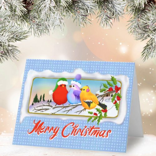 Three Christmas Songbirds On Holly Branch Holiday Card