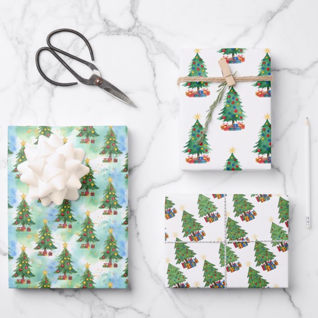 Three Christmas Trees and Gifts Patterns Wrapping Paper Sheets (Front)