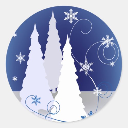 Three Christmas Trees in Blue Classic Round Sticker