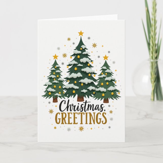 Three Christmas Trees Snow Gold Star Greetings Car Card (Front)