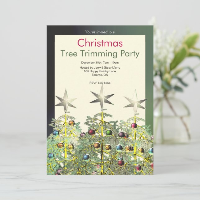 Three Christmas Trees Tree Trimming Party Invitation (Standing Front)