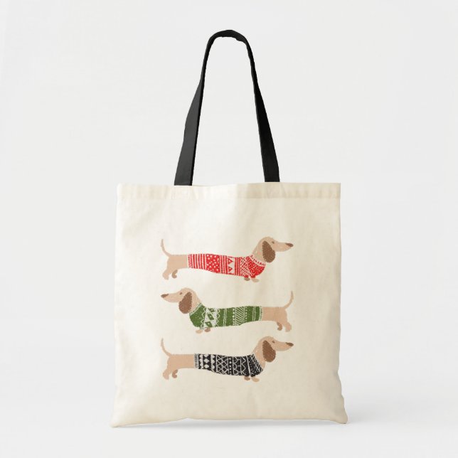 Three Christmas Ugly Sweater Dachshund Dogs Tote Bag (Front)