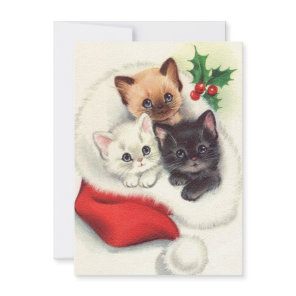 Three Christmas Vintage Kittens In Stocking Holiday Card