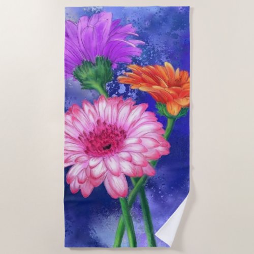 Three Color Gerberas Painting Beach Towel