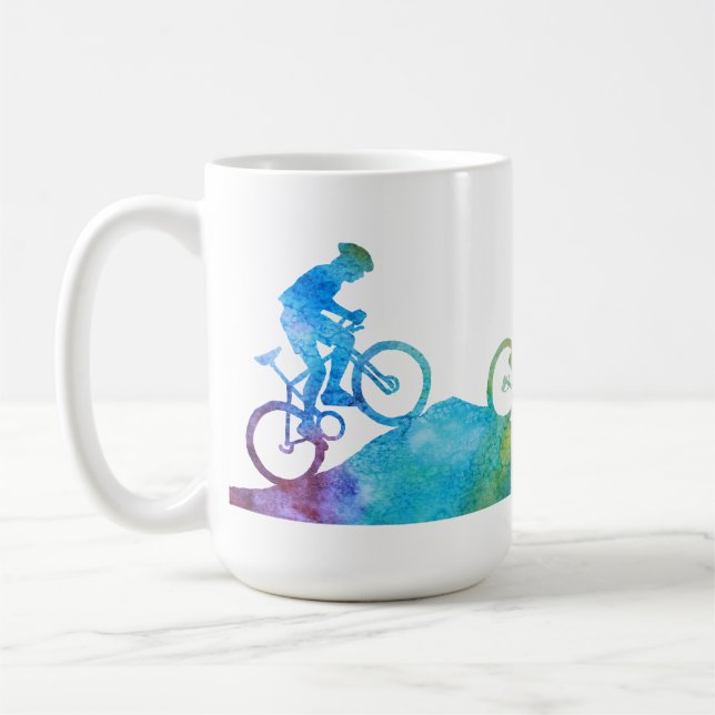 Three Color-Washed Mountain Bikers Coffee Mug (Left)