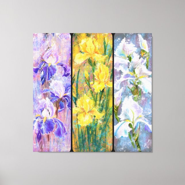 Three Colored Irises Flowers Canvas Print Painting (Front)