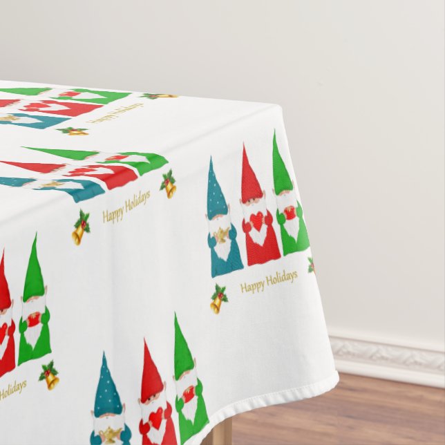 Three Colorfu Christmas Gnomes on White Tablecloth (In Situ)