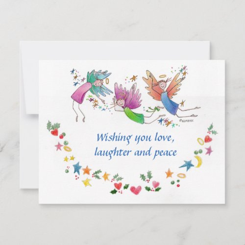 Three Colorful Angels  with Christmas Wishes Holiday Card