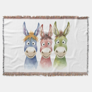 Three Colorful Cartoon Donkeys in Watercolor Style Throw Blanket