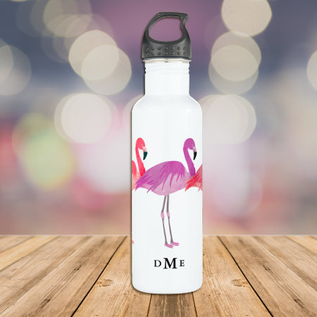 Three Colorful Flamingos Monogram Stainless Steel Water Bottle