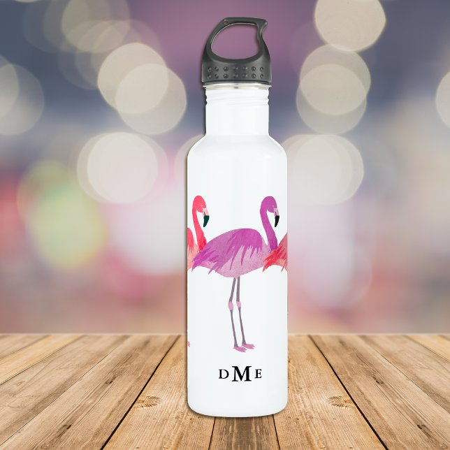 Three Colorful Flamingos Monogram Stainless Steel Water Bottle (Creator Uploaded)