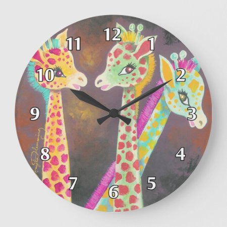 Three Colorful Fun Giraffes Large Clock