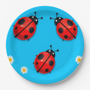 Three Colorful Ladybugs on Blue Background Paper Plates