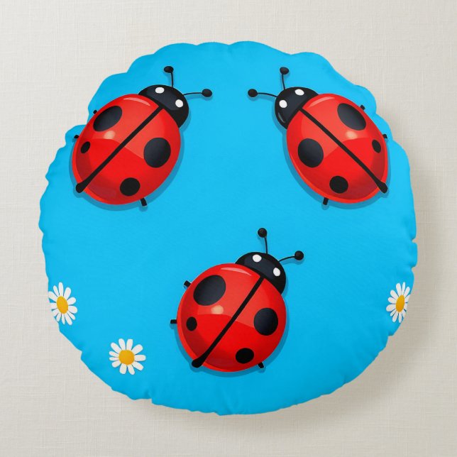 Three Colorful Ladybugs on Blue Background Round Pillow (Front)