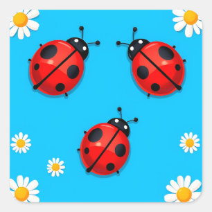 Three Colorful Ladybugs on Blue Background Square Sticker