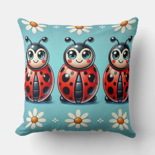 Three Colorful Ladybugs on Blue Background Throw Pillow