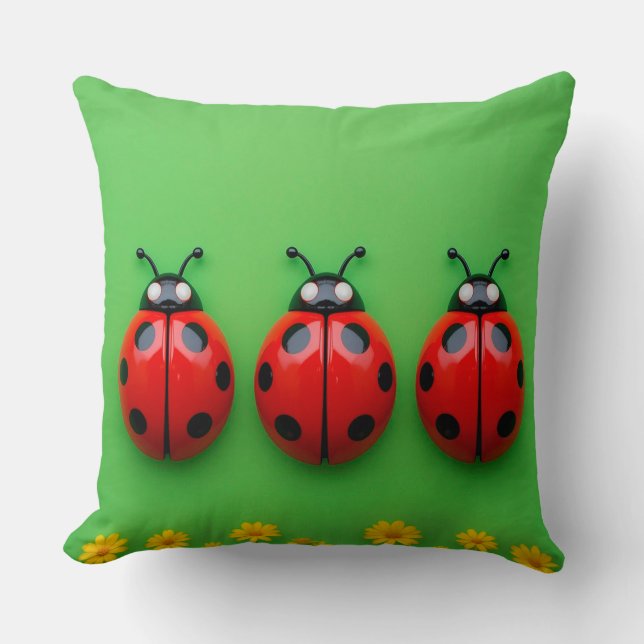 Three Colorful Ladybugs on Green Background Throw Pillow (Front)