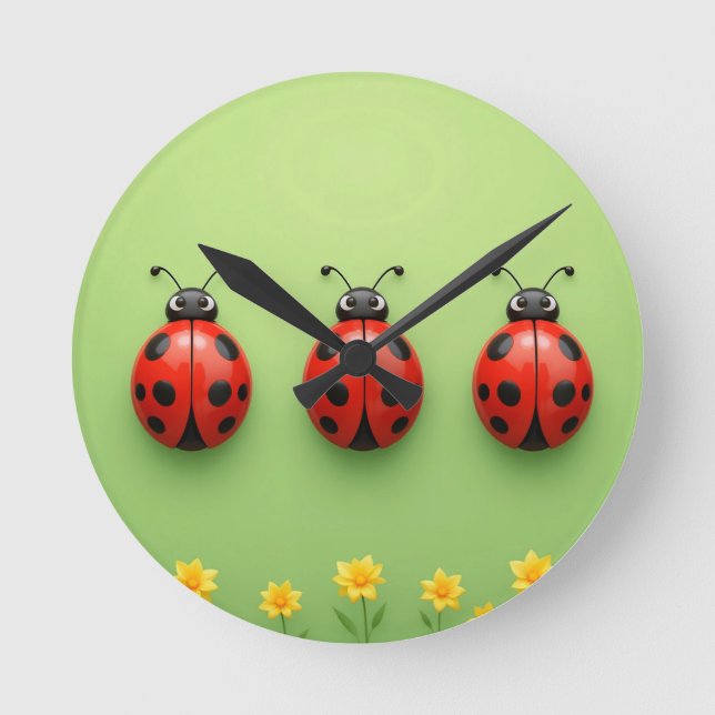 Three Colorful Ladybugs Round Clock (Front)