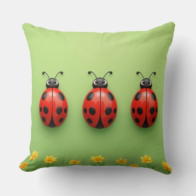 Three Colorful Ladybugs Throw Pillow (Front)