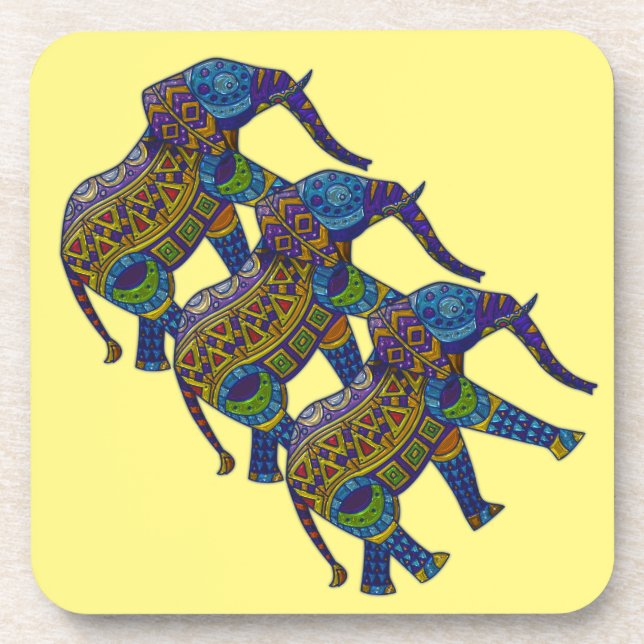 Three Colorful Mosaic Elephants Drink Coaster (Front)