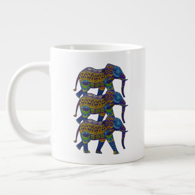 Three Colorful Mosaic Elephants Giant Coffee Mug (Left)