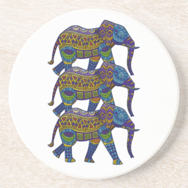 Three Colorful Mosaic Elephants Sandstone Coaster (Front)