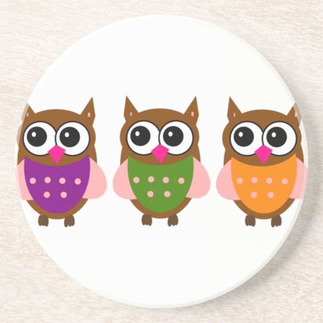 Three Colorful Owls Sandstone Coaster (Front)