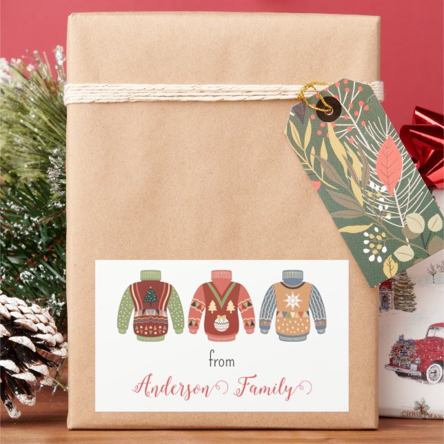 Three Colorful Ugly Sweater Christmas Family Gift Rectangular Sticker (Holiday)