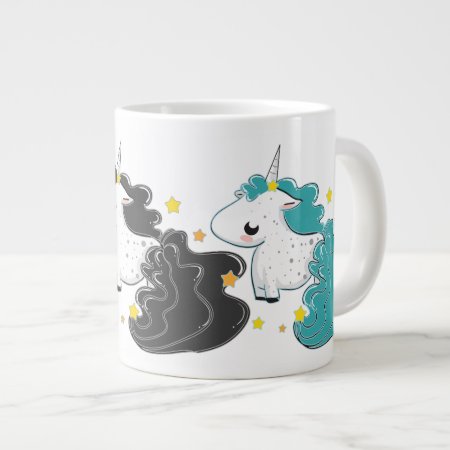 Three Colors Of Cartoon Unicorns With Stars Jumbo Giant Coffee Mug