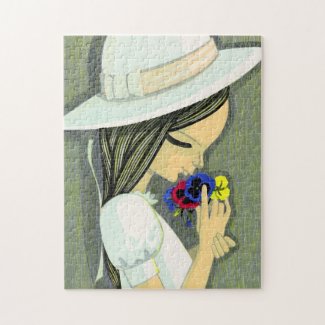Three Coloured Pansies Ikeda Shuzo cute girl art Jigsaw Puzzle