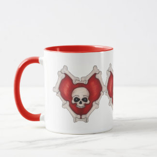 Three Connected Gothic Red Hearts Skull and Bones Mug