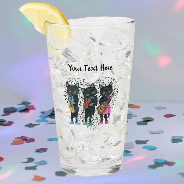 Three Cool Black Cats Musical Instruments Heart  Glass (Black Cat musicians making music colourful shoes gloves heart of music notes on glass drink tumbler.)