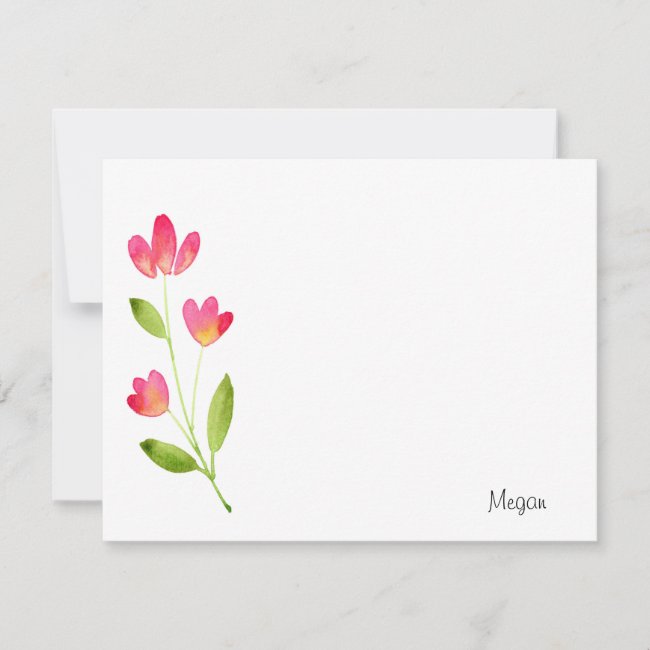 Three Coral Pink Watercolor Flower Stems Note Card