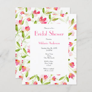 Three Coral Pink Watercolor Flower Stems Pattern Invitation