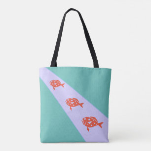 Three Coral Red Fish on Teal Tote Bag