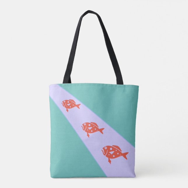 Three Coral Red Fish on Teal Tote Bag (Back)
