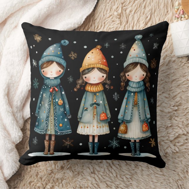 Three Cozy Girls in Snow Throw Pillow (Blanket)