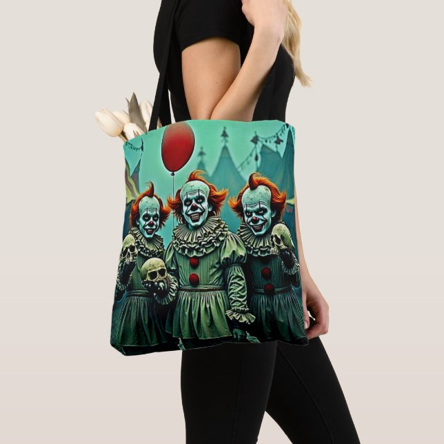 Three Creepy Clowns Skull Fear Design Tote Bag (Close Up)