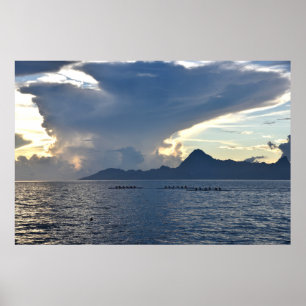Three Crew Boats Rowing In Front Of Mo'orea Island Poster